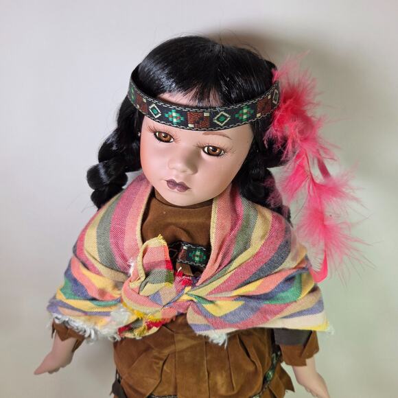 Vintage 16" Native American Style Doll Hard Plastic Taiwan w/ Moccasins & Shawl - Picture 2 of 13